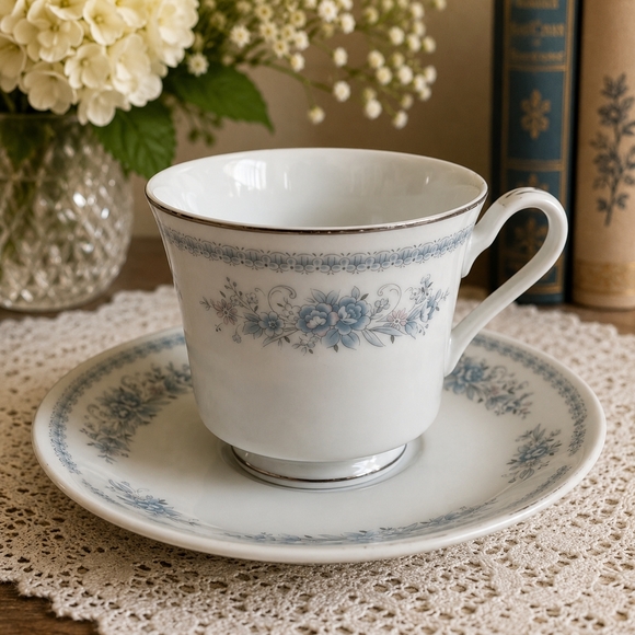 Christine Other - Christine Fine Porcelain China Japan Teacup Saucer Set Blue Floral Platinum VG